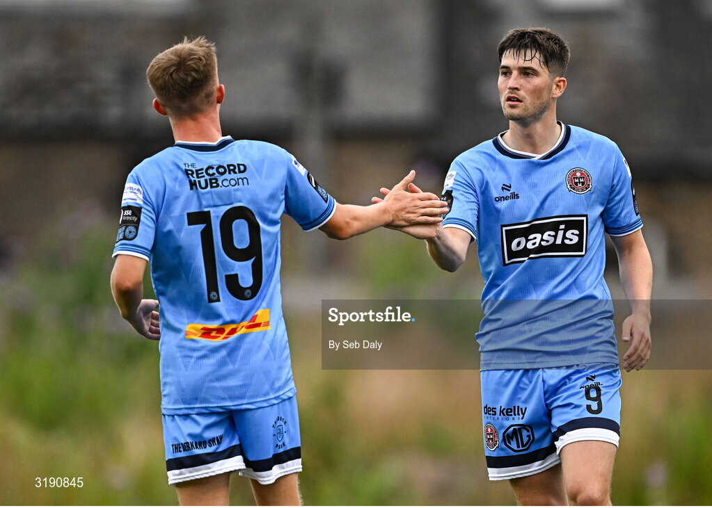 18 July 2025; Colm Whelan of Bohemians, right, celebrates with teammate Rhys Brennan after scoring their side's second goal during the Sports Direct Men’s FAI Cup second round match between Killester Donnycarney and Bohemians at Dalymount Park in Dublin. Photo by Seb Daly/Sportsfile