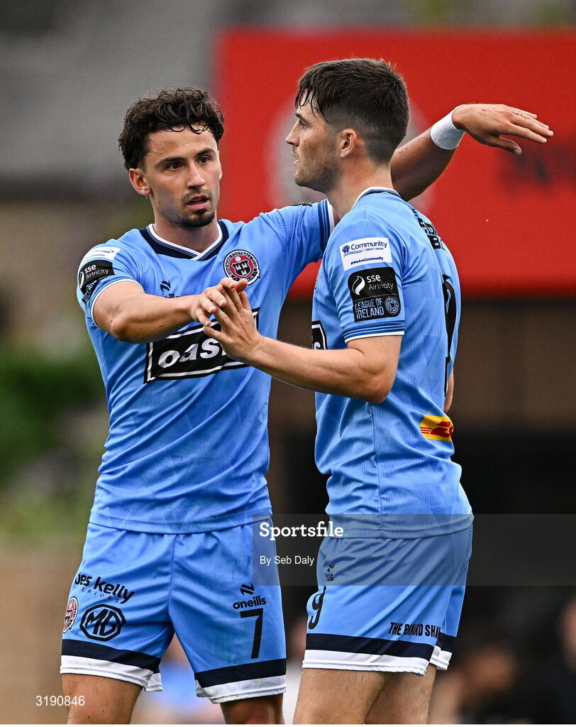 18 July 2025; Colm Whelan of Bohemians, right, celebrates with teammate Connor Parsons after scoring their side's second goal during the Sports Direct Men’s FAI Cup second round match between Killester Donnycarney and Bohemians at Dalymount Park in Dublin. Photo by Seb Daly/Sportsfile