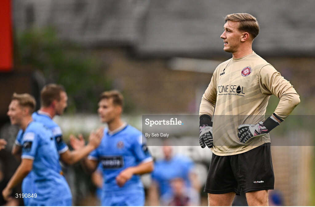 18 July 2025; Killester Donnycarney goalkeeper Ernest Lemantovic reacts after conceding a third goal during the Sports Direct Men’s FAI Cup second round match between Killester Donnycarney and Bohemians at Dalymount Park in Dublin. Photo by Seb Daly/Sportsfile
