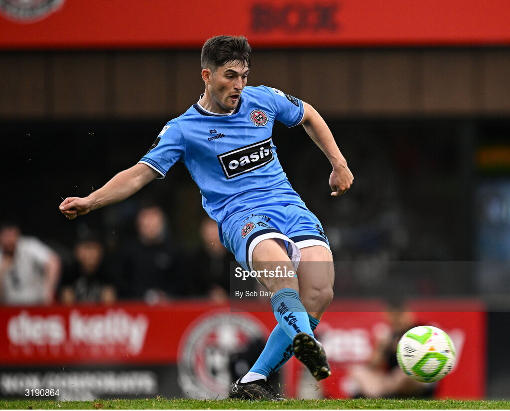 18 July 2025; Colm Whelan of Bohemians celebrates after scoring his side's second goal from a penalty during the Sports Direct Men’s FAI Cup second round match between Killester Donnycarney and Bohemians at Dalymount Park in Dublin. Photo by Seb Daly/Sportsfile