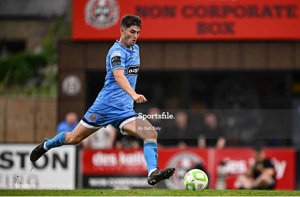 18 July 2025; Colm Whelan of Bohemians celebrates after scoring his side's second goal from a penalty during the Sports Direct Men’s FAI Cup second round match between Killester Donnycarney and Bohemians at Dalymount Park in Dublin. Photo by Seb Daly/Sportsfile