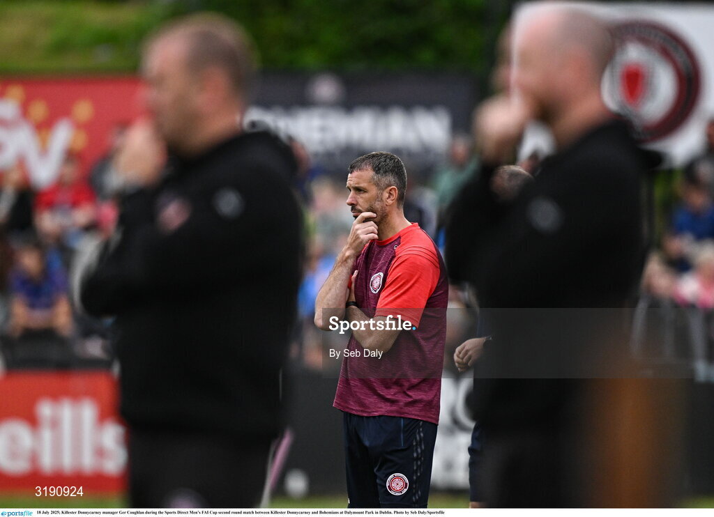 18 July 2025; Killester Donnycarney manager Ger Coughlan during the Sports Direct Men’s FAI Cup second round match between Killester Donnycarney and Bohemians at Dalymount Park in Dublin. Photo by Seb Daly/Sportsfile
