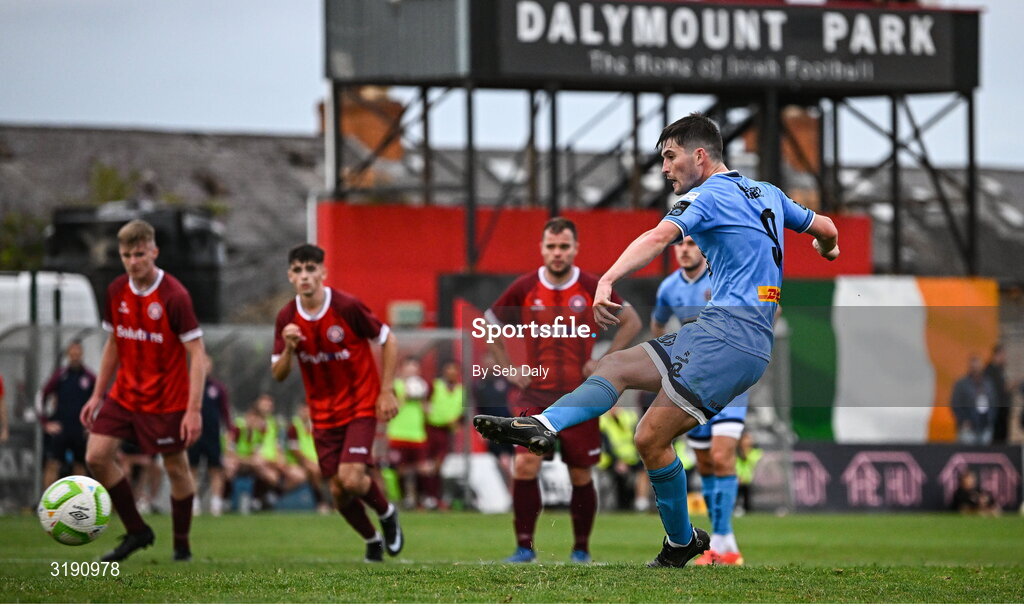18 July 2025; Colm Whelan of Bohemians scores his side's fifth goal, from a penalty, during the Sports Direct Men’s FAI Cup second round match between Killester Donnycarney and Bohemians at Dalymount Park in Dublin. Photo by Seb Daly/Sportsfile