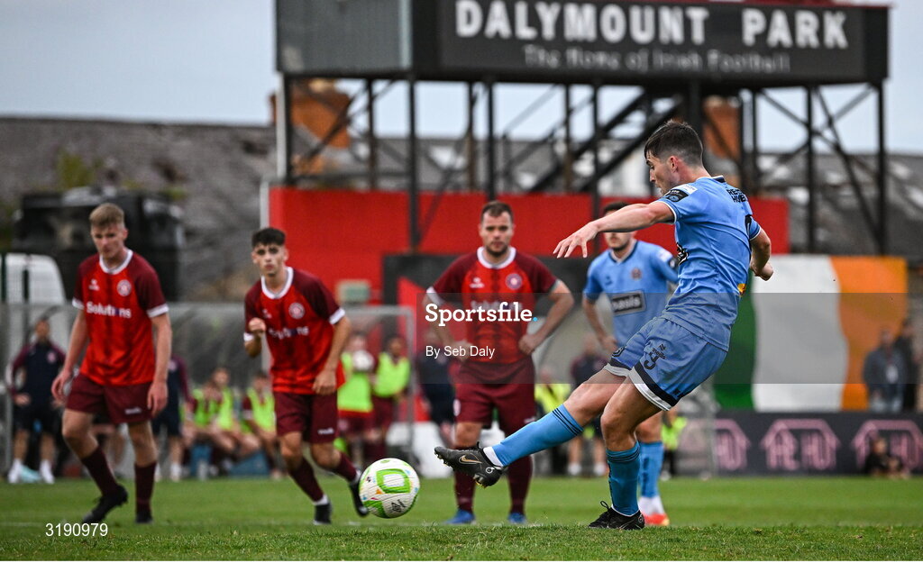 18 July 2025; Colm Whelan of Bohemians scores his side's fifth goal, from a penalty, during the Sports Direct Men’s FAI Cup second round match between Killester Donnycarney and Bohemians at Dalymount Park in Dublin. Photo by Seb Daly/Sportsfile