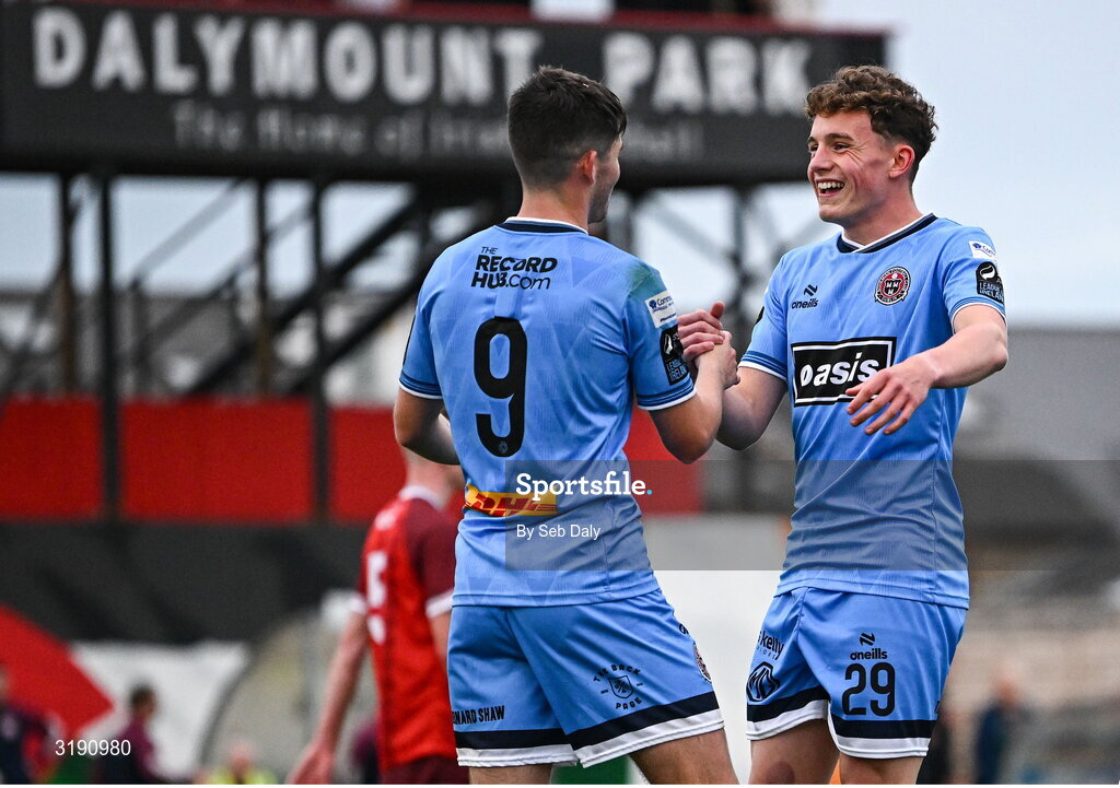 18 July 2025; Colm Whelan of Bohemians, left, celebrates with teammate Josh Harper after scoring their side's fifth goal during the Sports Direct Men’s FAI Cup second round match between Killester Donnycarney and Bohemians at Dalymount Park in Dublin. Photo by Seb Daly/Sportsfile