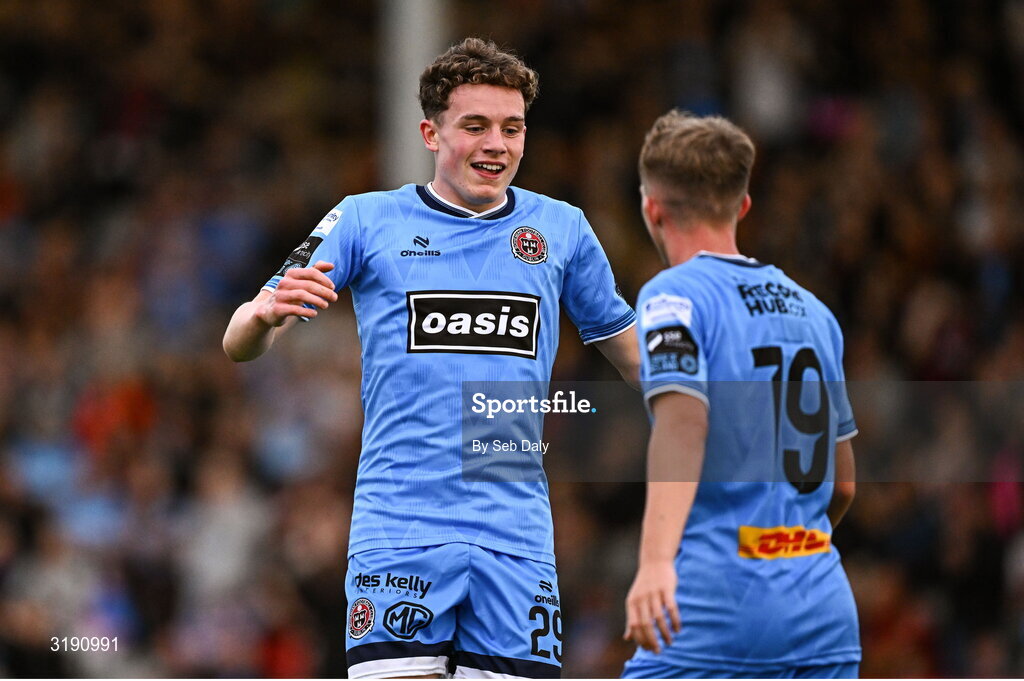 18 July 2025; Rhys Brennan of Bohemians, right, celebrates with teammate Josh Harper after scoring their side's sixth goal during the Sports Direct Men’s FAI Cup second round match between Killester Donnycarney and Bohemians at Dalymount Park in Dublin. Photo by Seb Daly/Sportsfile