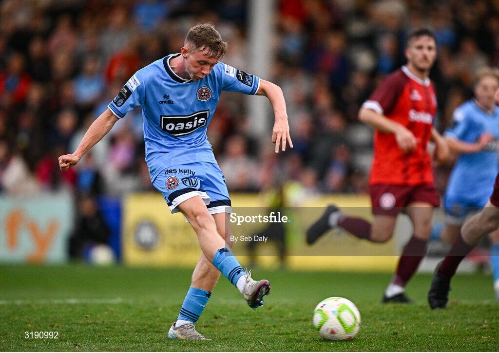 18 July 2025; Rhys Brennan of Bohemians scores his side's sixth goal during the Sports Direct Men’s FAI Cup second round match between Killester Donnycarney and Bohemians at Dalymount Park in Dublin. Photo by Seb Daly/Sportsfile