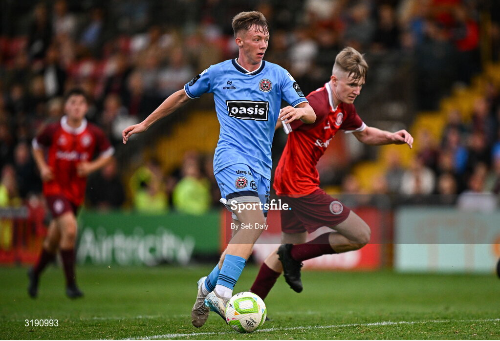 18 July 2025; Rhys Brennan of Bohemians on his way to scoring his side's sixth goal during the Sports Direct Men’s FAI Cup second round match between Killester Donnycarney and Bohemians at Dalymount Park in Dublin. Photo by Seb Daly/Sportsfile