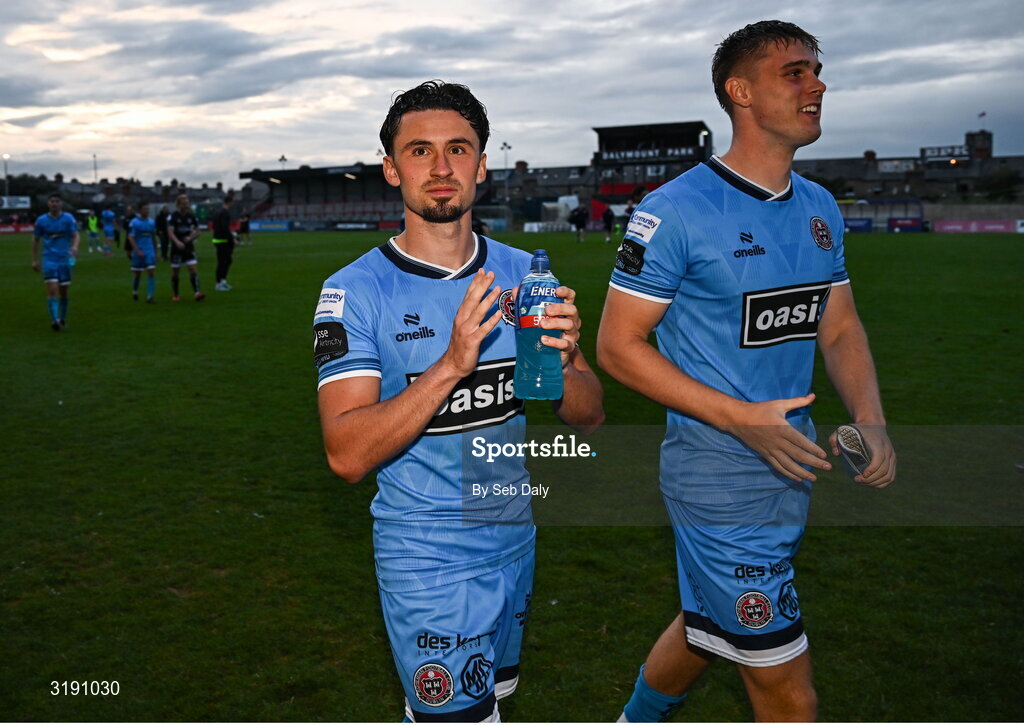 18 July 2025; Bohemians players Connor Parsons, left, and Leigh Kavanagh after the Sports Direct Men’s FAI Cup second round match between Killester Donnycarney and Bohemians at Dalymount Park in Dublin. Photo by Seb Daly/Sportsfile