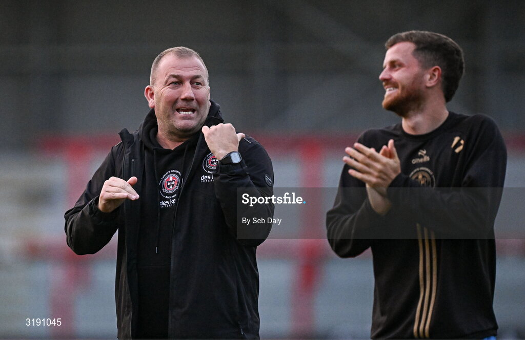 18 July 2025; Bohemians manager Alan Reynolds, left, and Adam McDonnell after the Sports Direct Men’s FAI Cup second round match between Killester Donnycarney and Bohemians at Dalymount Park in Dublin. Photo by Seb Daly/Sportsfile