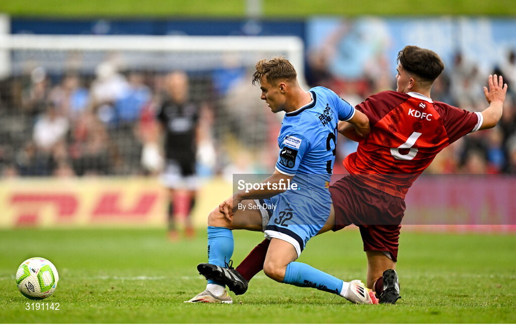 18 July 2025; Markuss Strods of Bohemians in action against Danny Jeal of Killester Donnycarney during the Sports Direct Men’s FAI Cup second round match between Killester Donnycarney and Bohemians at Dalymount Park in Dublin. Photo by Seb Daly/Sportsfile