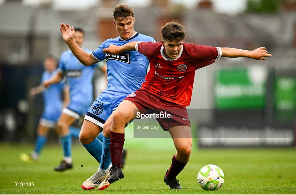 18 July 2025; Danny Jeal of Killester Donnycarney in action against Markuss Strods of Bohemians during the Sports Direct Men’s FAI Cup second round match between Killester Donnycarney and Bohemians at Dalymount Park in Dublin. Photo by Seb Daly/Sportsfile