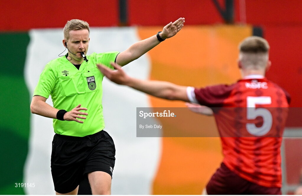 18 July 2025; Referee Daniel Murphy awards a freekick during the Sports Direct Men’s FAI Cup second round match between Killester Donnycarney and Bohemians at Dalymount Park in Dublin. Photo by Seb Daly/Sportsfile