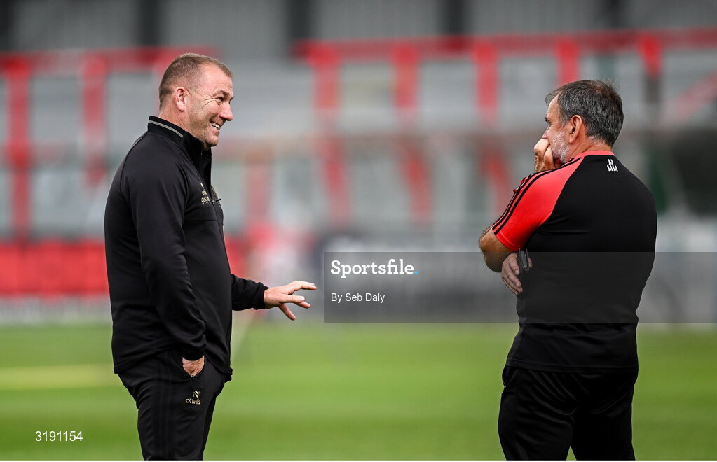 18 July 2025; Bohemians manager Alan Reynolds, left, and director of football Pat Fenlon before the Sports Direct Men’s FAI Cup second round match between Killester Donnycarney and Bohemians at Dalymount Park in Dublin. Photo by Seb Daly/Sportsfile