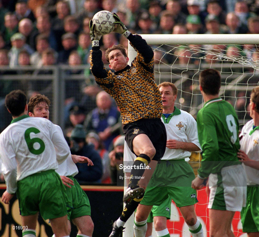 29 March 1995; Alan Fettis of Northern Ireland claims the ball during the UEFA EURO1996 Qualifier Group 6 match between Republic of Ireland and Northern Ireland at Lansdowne Road in Dublin. Photo by David Maher/Sportsfile.