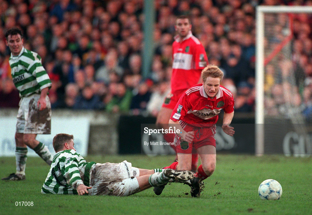 30 December 1998; Colin O'Brien of Cork City is tackled by Richie Purdy of Shamrock Rovers during the Harp Lager League Cup Final 2nd Leg match between Cork City and Shamrock Rovers at Turner's Cross in Cork. Photo by Matt Browne/Sportsfile