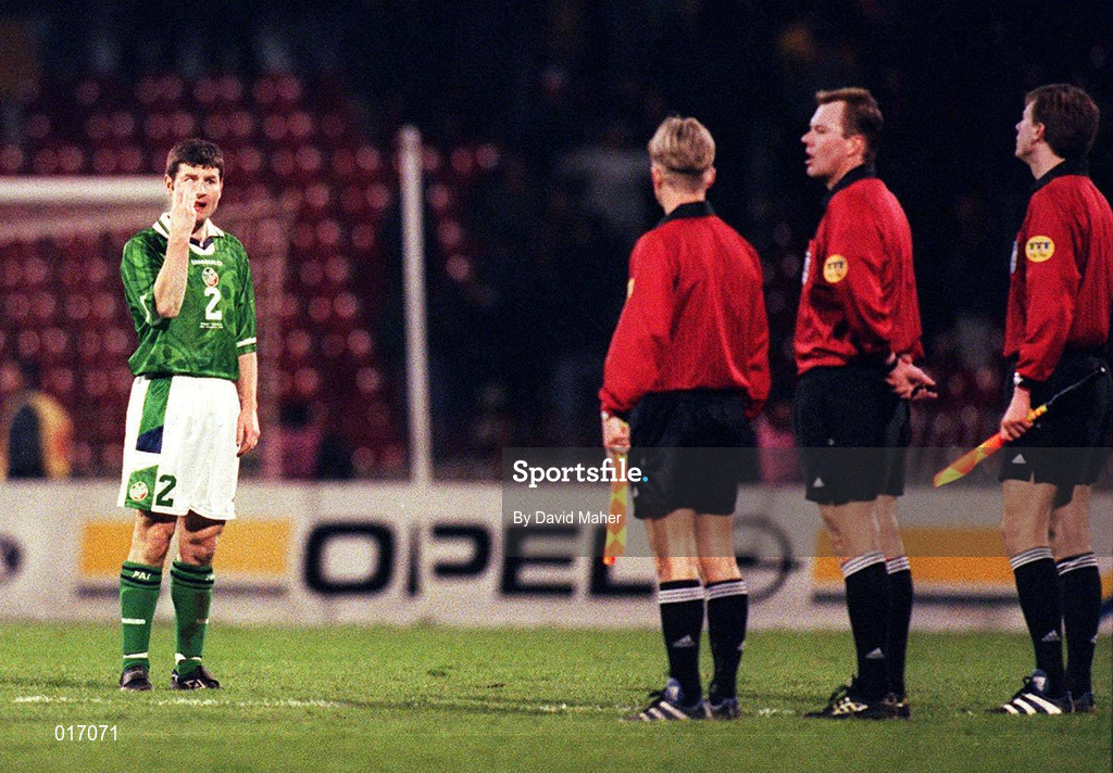 18 November 1998; Denis Irwin of Republic of Ireland questions referee Karl Erik Nilson, second from right, about 3 penalty appeals during the UEFA Euro 2000 Group 8 Qualifier between Yugoslavia and Republic of Ireland at the Red Star Stadium, in Belgrade, Yugoslavia. Photo by David Maher/Sportsfile