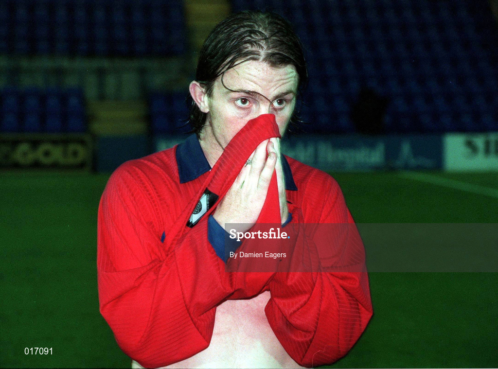 22 July 1998; Dessie Baker of Shelbourne reacts following the UEFA Cup First Qualifying Round 2nd Leg between Shelbourne and Rangers at Prenton Park in Birkenhead, England. Photo by Damien Eagers/Sportsfile