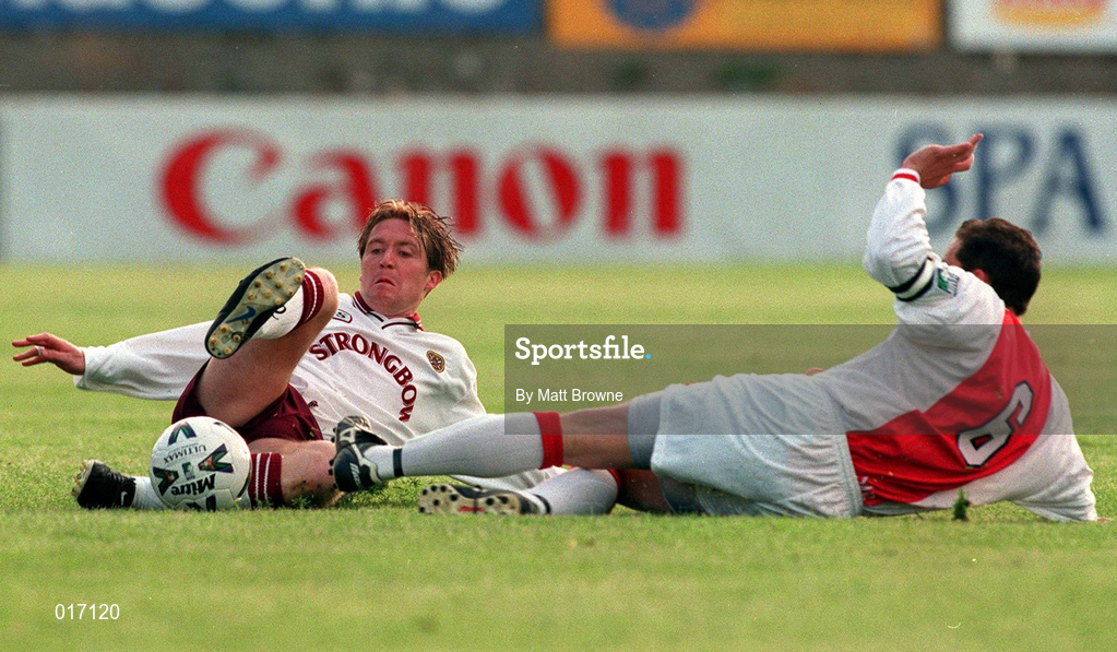 14 July 1998; Gary Locke of Hearts in action against Eddie Gormley of St Patrick's Athletic during the Club Friendly match between St Patrick's Athletic and Hearts at Richmond Park in Dublin. Photo by Matt Browne/Sportsfile.