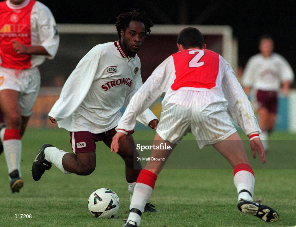 14 July 1998; Jose Quitonga of Hearts in action against Wllie Burke of St Patrick's Athletic during the Club Friendly match between St Patrick's Athletic and Hearts at Richmond Park in Dublin.Photo by Matt Browne/Sportsfile.