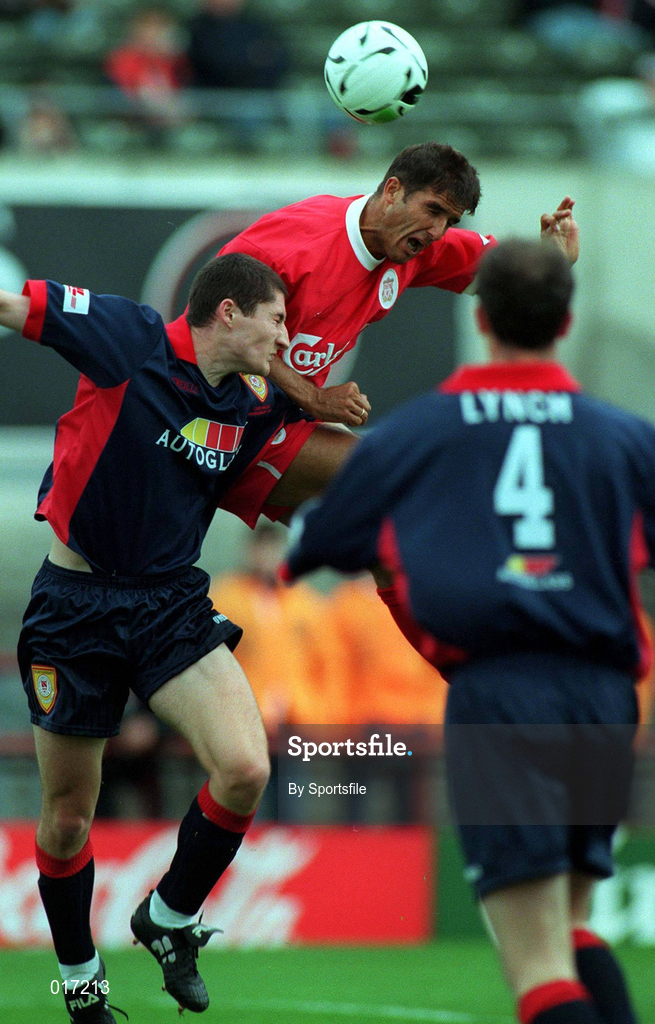 31 July 1998; Karl-Heinz Riedle of Liverpool in action against Colin Hawkins of St Patrick's Athletic during the Carlsberg Trophy match between St Patrick's Athletic and Liverpool at Lansdowne Road in Dublin. Photo by Sportsfile