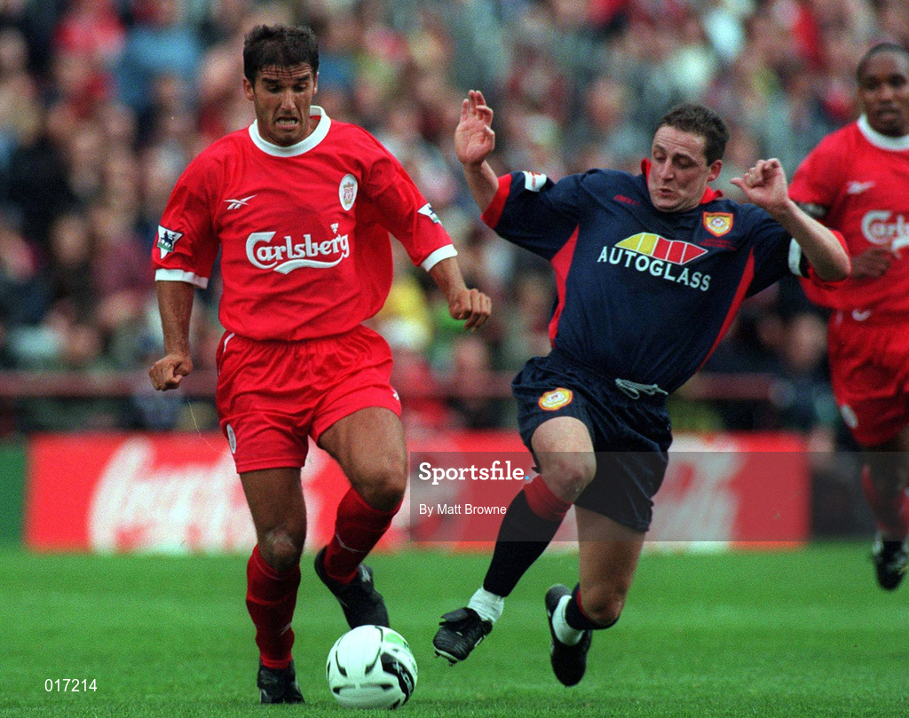 31 July 1998; Karl-Heinz Riedle of Liverpool in action against Eddie Gormley of St Patrick's Athletic during the Carlsberg Trophy match between St Patrick's Athletic and Liverpool at Lansdowne Road in Dublin. Photo by Matt Browne/Sportsfile