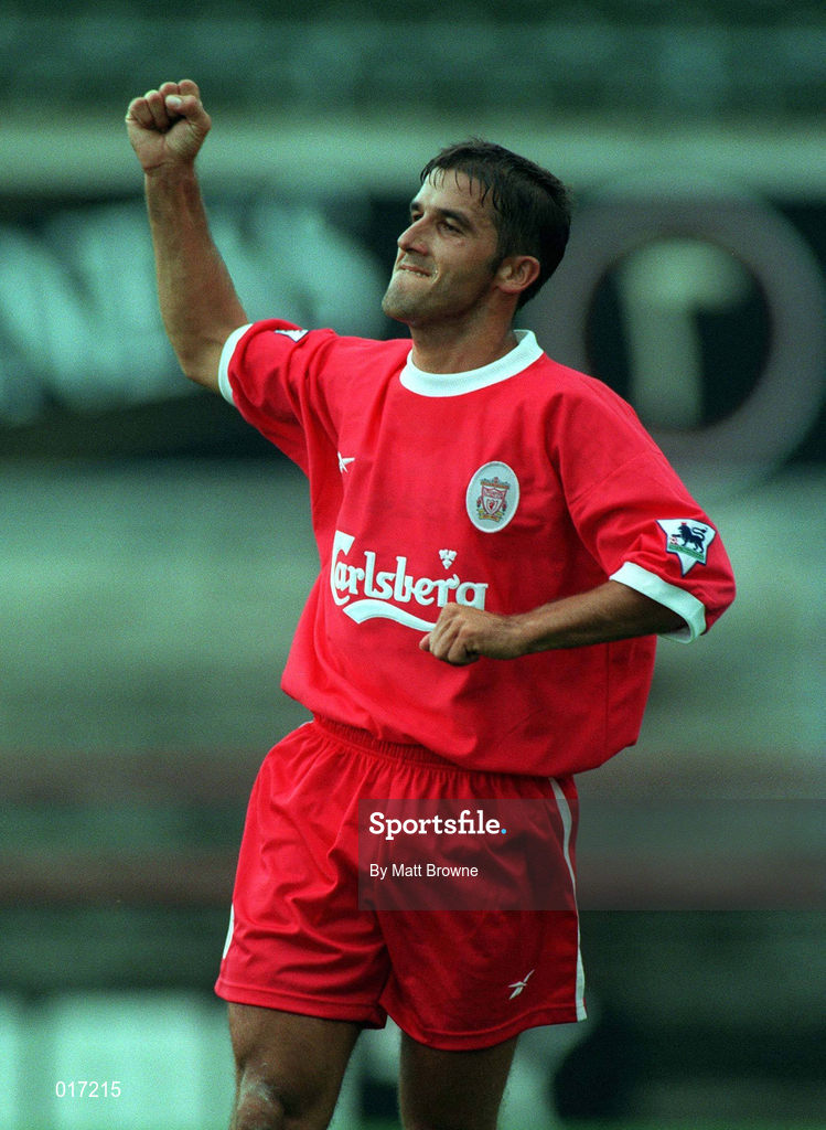 31 July 1998; Karl-Heinz Riedle of Liverpool celebrates after scoring a goal during the Carlsberg Trophy match between St Patrick's Athletic and Liverpool at Lansdowne Road in Dublin. Photo by Matt Browne/Sportsfile