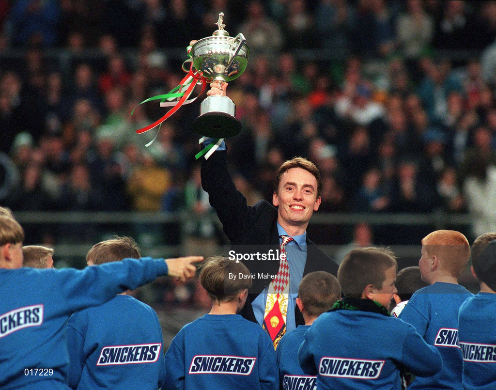21 May 1997; 1997 Embassy World Snooker Champion Ken Doherty is introduced to the crowd ahead of the FIFA World Cup 1998 Group 8 Qualifying match between Republic of Ireland and Liechtenstein at Lansdowne Road in Dublin. Photo by David Maher/Sportsfile.