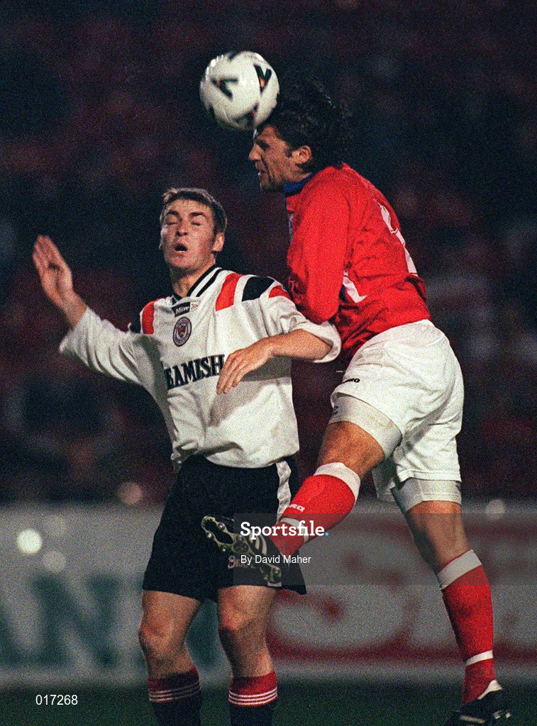 26 September 1998; Greg Costello oof Shelbourne in action against Jim Sheridan of Sligo Rovers during the Harp Lager National League Premier Division match between Shelbourne and Sligo Rovers at Tolka Park in Dublin. Photo by David Maher/Sportsfile.