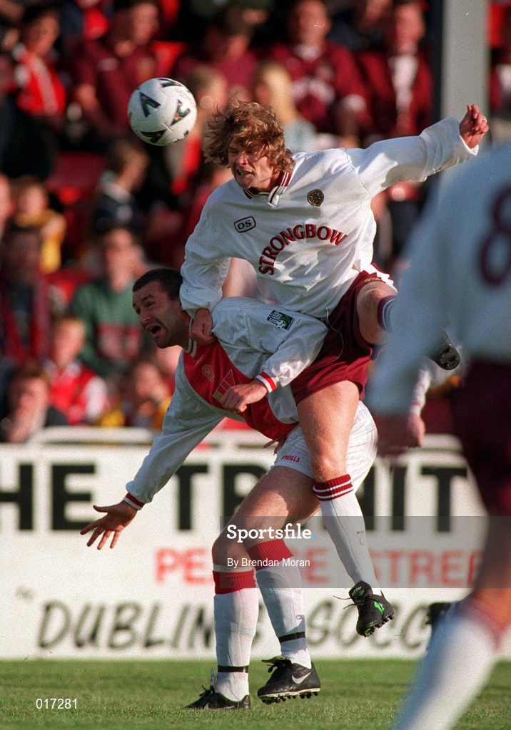 14 July 1998; Steven Pressley of Hearts in action against Ian Gilzean of St Patrick's Athletic during the Club Friendly match between St Patrick's Athletic and Hearts at Richmond Park in Dublin.Photo By Brendan Moran/Sportsfile.