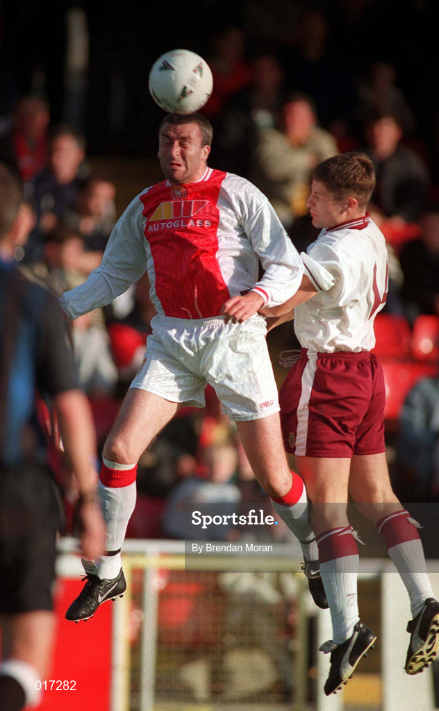 14 July 1998; Ian Gilzean of St Patrick's Athletic in action against Grant Murray of Hearts during the Club Friendly match between St Patrick's Athletic and Hearts at Richmond Park in Dublin.Photo By Brendan Moran/Sportsfile.