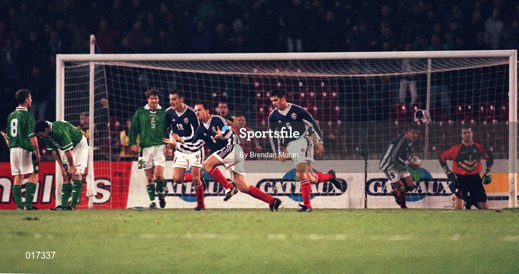 18 November 1998; Predrag Mijatovic of Yugoslavia celebrates after scoring his side's first goal as Republic of Ireland players look on during the UEFA Euro 2000 Group 8 Qualifier between Yugoslavia and Republic of Ireland at the Red Star Stadium, in Belgrade, Yugoslavia. Photo by Brendan Moran/Sportsfile