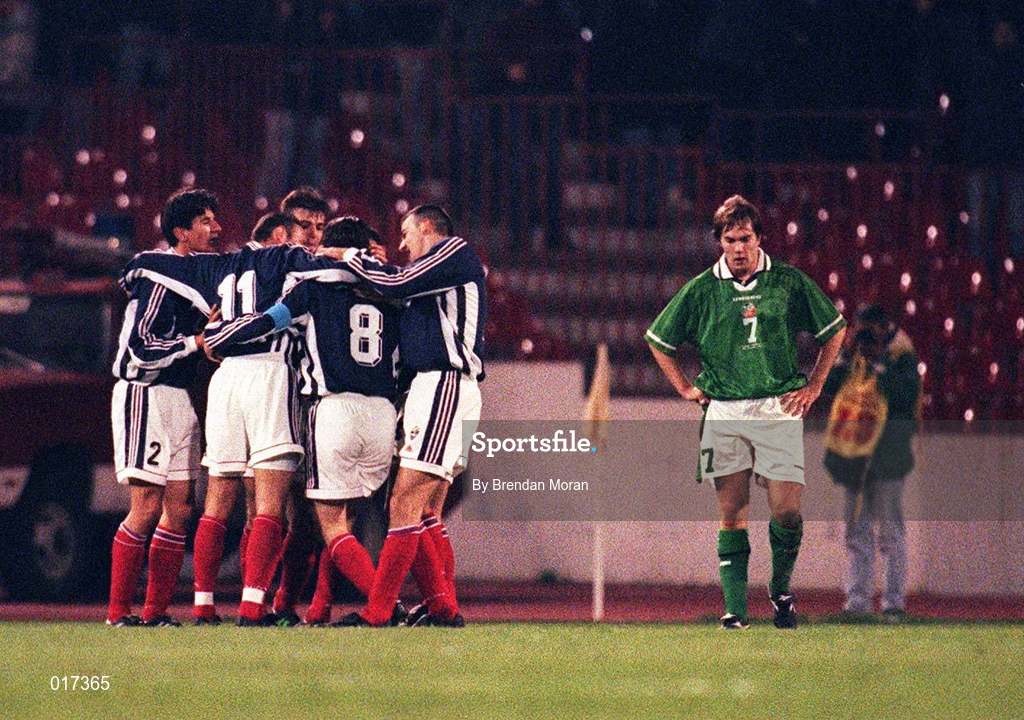 18 November 1998; Yugoslavia players celebrate their winning goal as Jason McAteer of Republic of Ireland, right,  looks on dejected during the UEFA Euro 2000 Group 8 Qualifier between Yugoslavia and Republic of Ireland at the Red Star Stadium, in Belgrade, Yugoslavia. Photo by Brendan Moran/Sportsfile