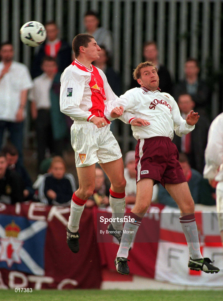 14 July 1998; Colin Hawkins of St Patrick's Athletic in action against Jim Hamilton of Hearts during the Club Friendly match between St Patrick's Athletic and Hearts at Richmond Park in Dublin.Photo By Brendan Moran/Sportsfile.