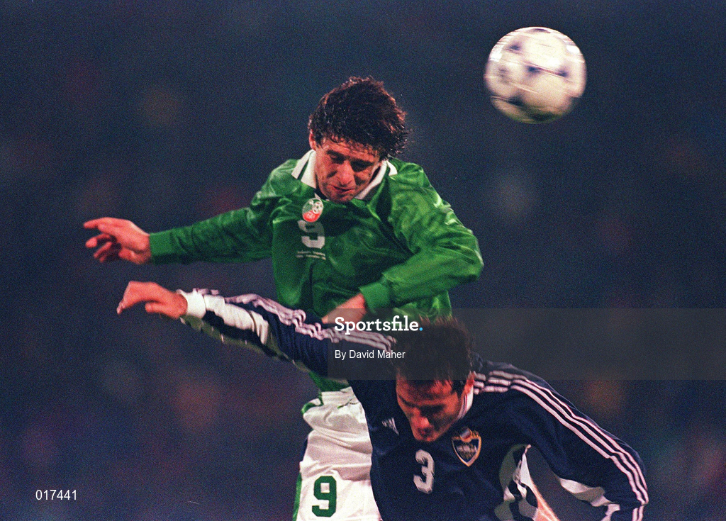 18 November 1998; Niall Quinn of Republic of Ireland in action against Goran ?orovi? of Yugoslavia during the UEFA Euro 2000 Group 8 Qualifier between Yugoslavia and Republic of Ireland at the Red Star Stadium, in Belgrade, Yugoslavia. Photo by David Maher/Sportsfile