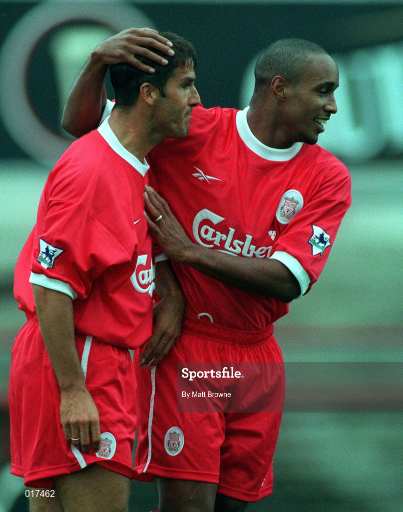 31 July 1998; Patrick Berger of Liverpool, left, is consoled by team-mate Paul Ince after a missed chance during the Carlsberg Trophy match between St Patrick's Athletic and Liverpool at Lansdowne Road in Dublin. Photo by Matt Browne/Sportsfile