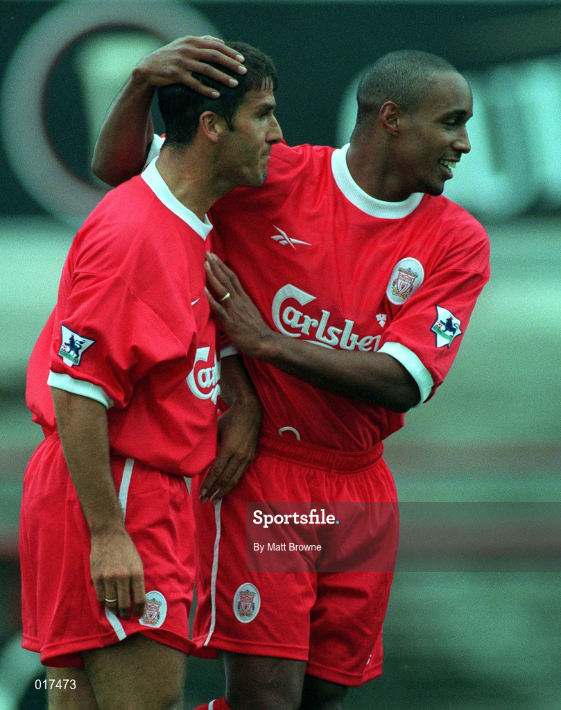 31 July 1998; Patrick Berger of Liverpool, left, is consoled by team-mate Paul Ince after a missed chance during the Carlsberg Trophy match between St Patrick's Athletic and Liverpool at Lansdowne Road in Dublin. Photo by Matt Browne/Sportsfile