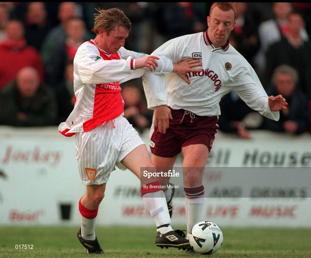 14 July 1998; Rob McKinnon of Hearts in action against Trevor Molloy of St Patrick's Athletic during the Club Friendly match between St Patrick's Athletic and Hearts at Richmond Park in Dublin.Photo By Brendan Moran/Sportsfile.