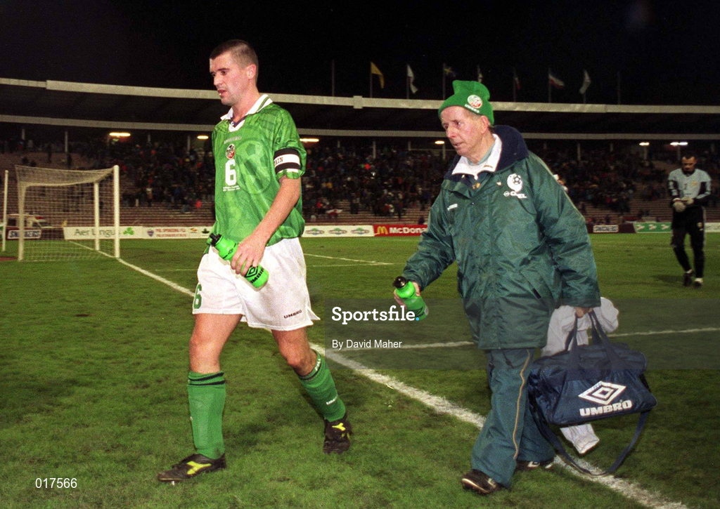 18 November 1998; Ireland captain Roy Keane leaves the field with Charlie O'Leary, Equipment Officer, following the UEFA Euro 2000 Group 8 Qualifier between Yugoslavia and Republic of Ireland at the Red Star Stadium, in Belgrade, Yugoslavia. Photo by David Maher/Sportsfile