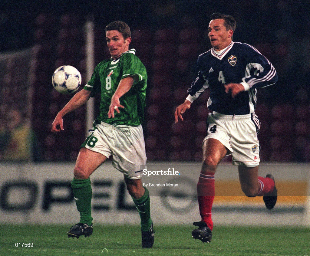 18 November 1998; Mark Kinsella of Republic of Ireland in action against Slavi?a Jokanovi? of Yugoslavia during the UEFA Euro 2000 Group 8 Qualifier between Yugoslavia and Republic of Ireland at the Red Star Stadium, in Belgrade, Yugoslavia. Photo by Brendan Moran/Sportsfile