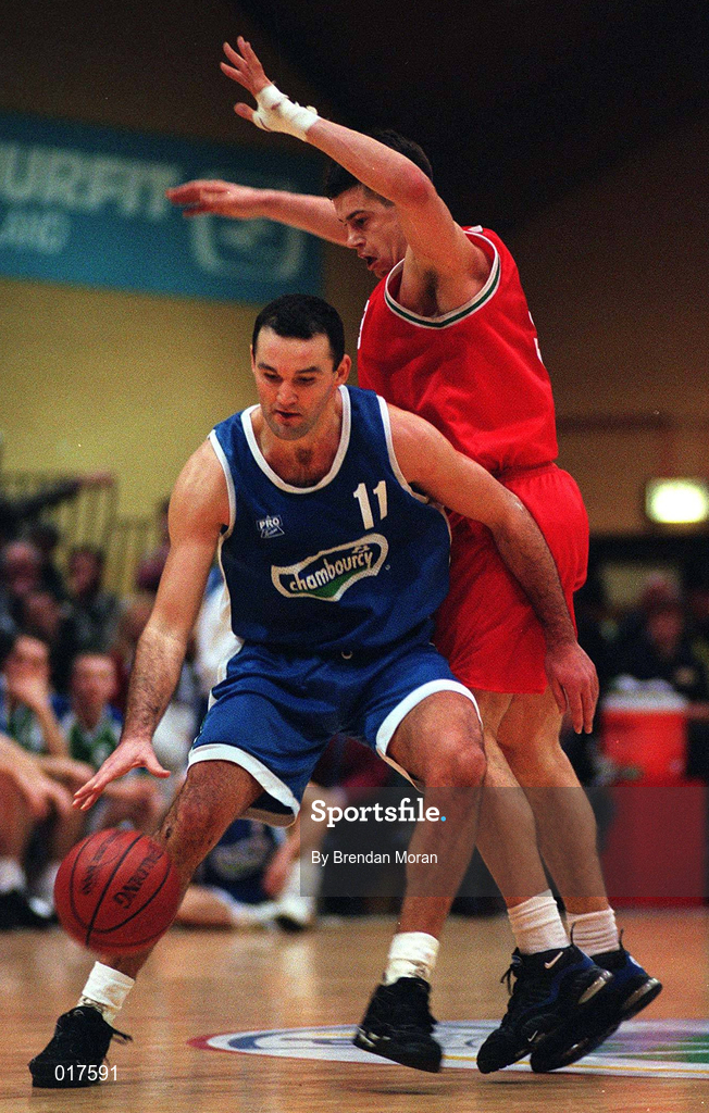 28 January 1996; Liam MacHale of Chambourcy Ballina in action against Gareth Maguire of Star of the Sea during the Senior Men's National Cup Final between Chambourcy Ballina and Star of the Sea at the National Basketball Arena in Tallaght, Dublin. Photo By Brendan Moran/Sportsfile.