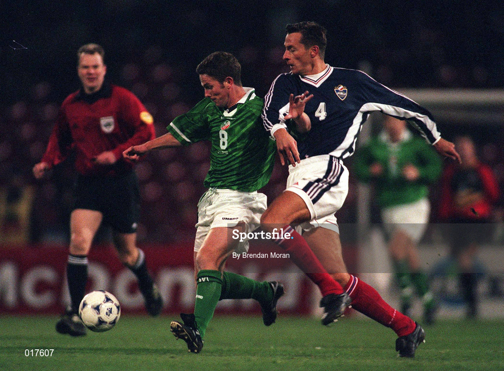18 November 1998; Mark Kinsella of Republic of Ireland in action against Slavi?a Jokanovi? of Yugoslavia during the UEFA Euro 2000 Group 8 Qualifier between Yugoslavia and Republic of Ireland at the Red Star Stadium, in Belgrade, Yugoslavia. Photo by Brendan Moran/Sportsfile