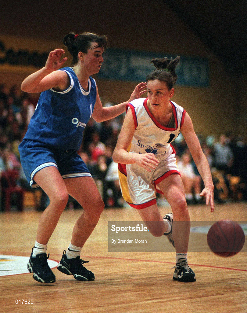 25 January 1998; Michelle Maguire of Wildcats in action against Caitriona O'Keeffe of Opennet Naomh Mhuire during the Sprite Women's Senior National Cup Final between Snowcream Waterford Wildcats and Opennet Naomh Mhuire at the National Basketball Arena in Tallaght, Dublin. Photo by Brendan Moran/Sportsfile