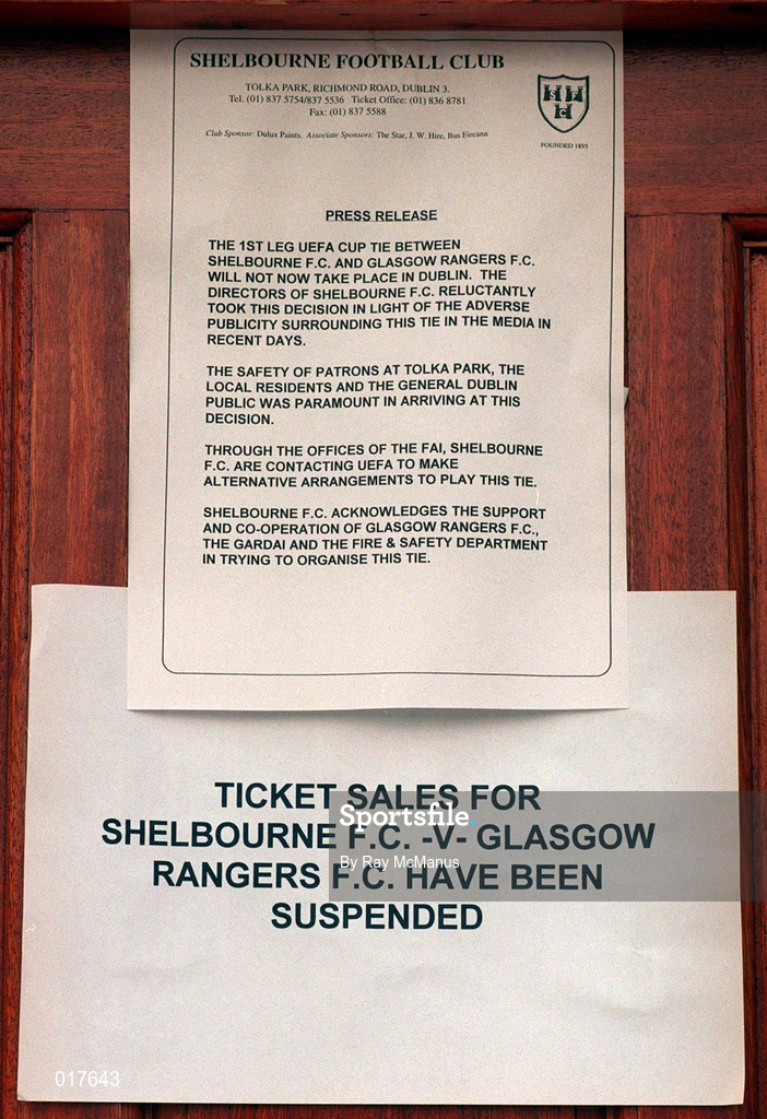 15 July 1998; A general view of a press release at Shelbourne FC regarding the UEFA Cup Tie 1st Leg with Rangers which was due to be played at Tolka Park in Dublin. Photo by Ray McManus/Sportsfile.