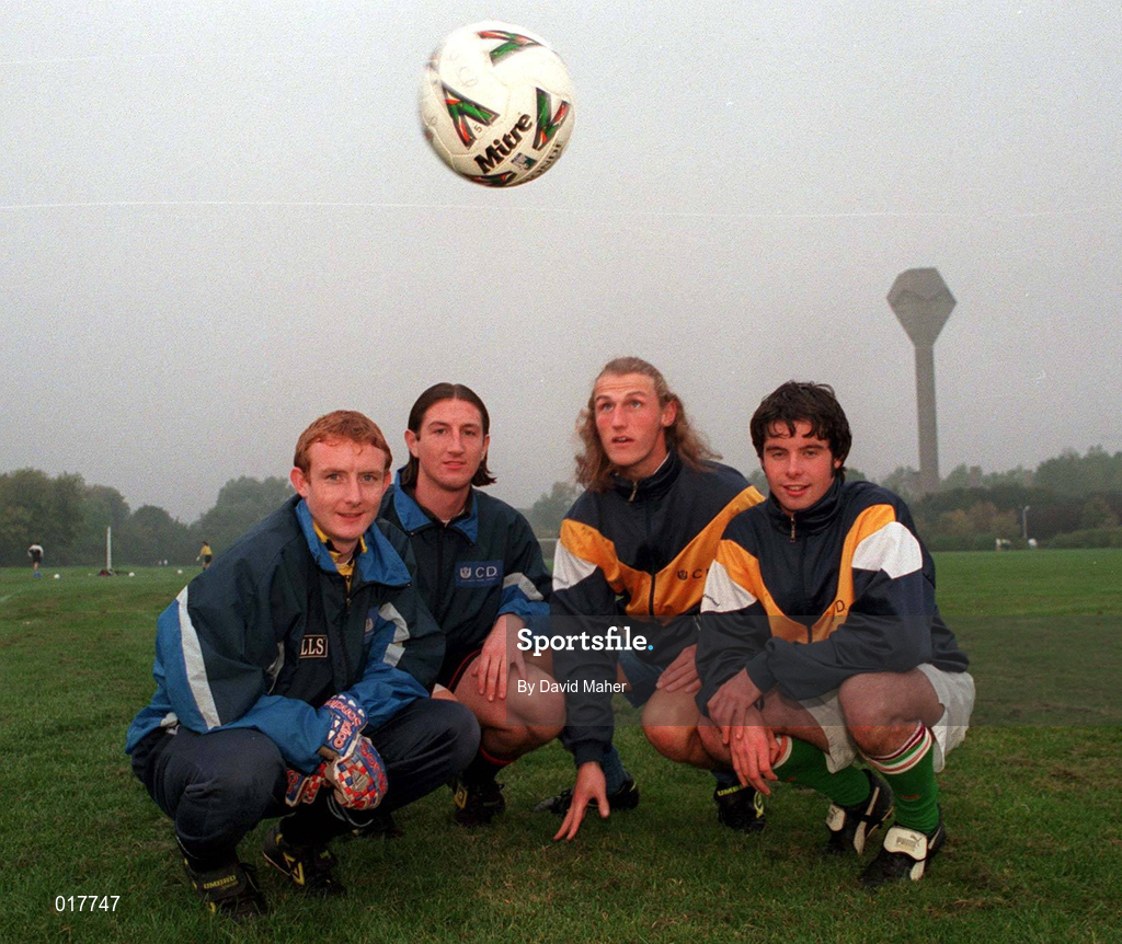 24 September 1998; UCD players, from left, Barry Ryan, Clive Delaney, Robert Dunne and Alan Mahon following UCD Training at Belfield in Dublin. Photo by David Maher/Sportsfile.