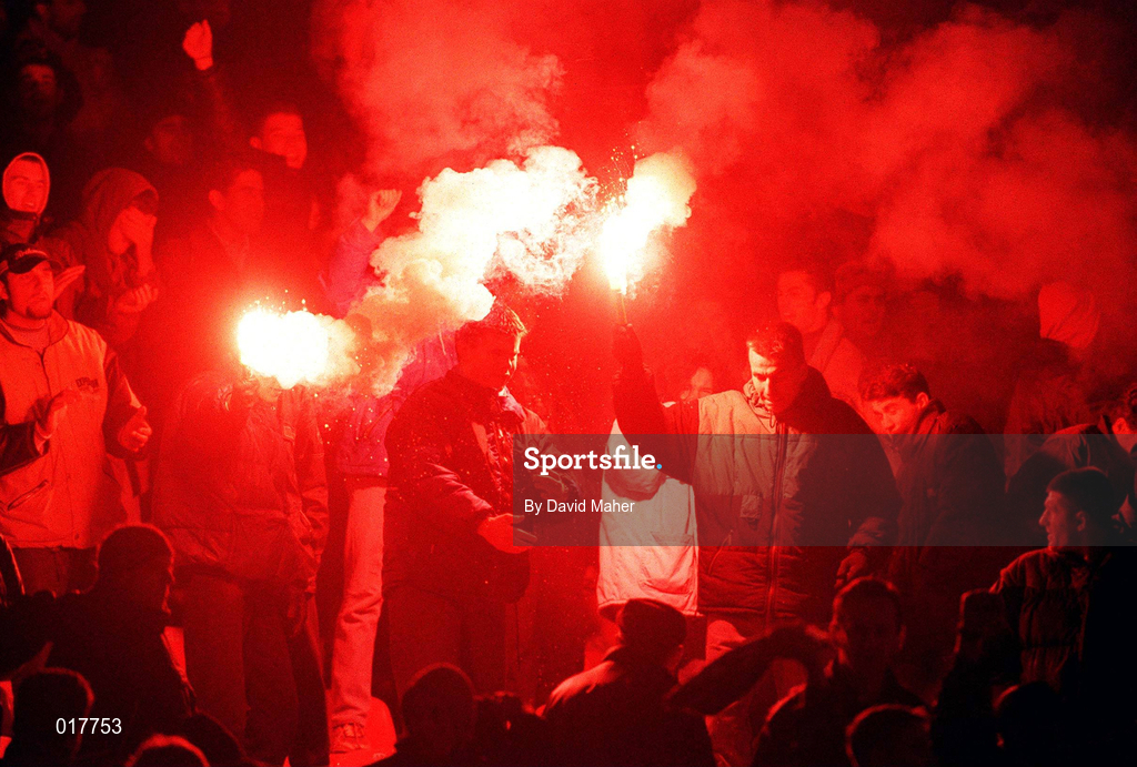 18 November 1998; Yugoslav fans celebrate with flares after their side scored a goal during the UEFA Euro 2000 Group 8 Qualifier between Yugoslavia and Republic of Ireland at the Red Star Stadium, in Belgrade, Yugoslavia. Photo by David Maher/Sportsfile