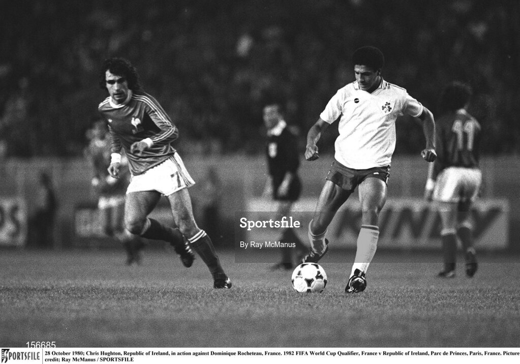 28 October 1980; Chris Hughton, Republic of Ireland, in action against Dominique Rocheteau, France. 1982 FIFA World Cup Qualifier, France v Republic of Ireland, Parc de Princes, Paris, France. Picture credit; Ray McManus / SPORTSFILE