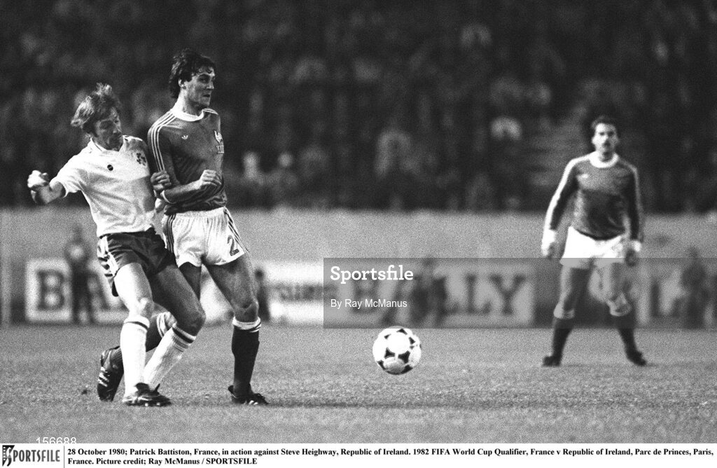 28 October 1980; Patrick Battiston, France, in action against Steve Heighway, Republic of Ireland. 1982 FIFA World Cup Qualifier, France v Republic of Ireland, Parc de Princes, Paris, France. Picture credit; Ray McManus / SPORTSFILE