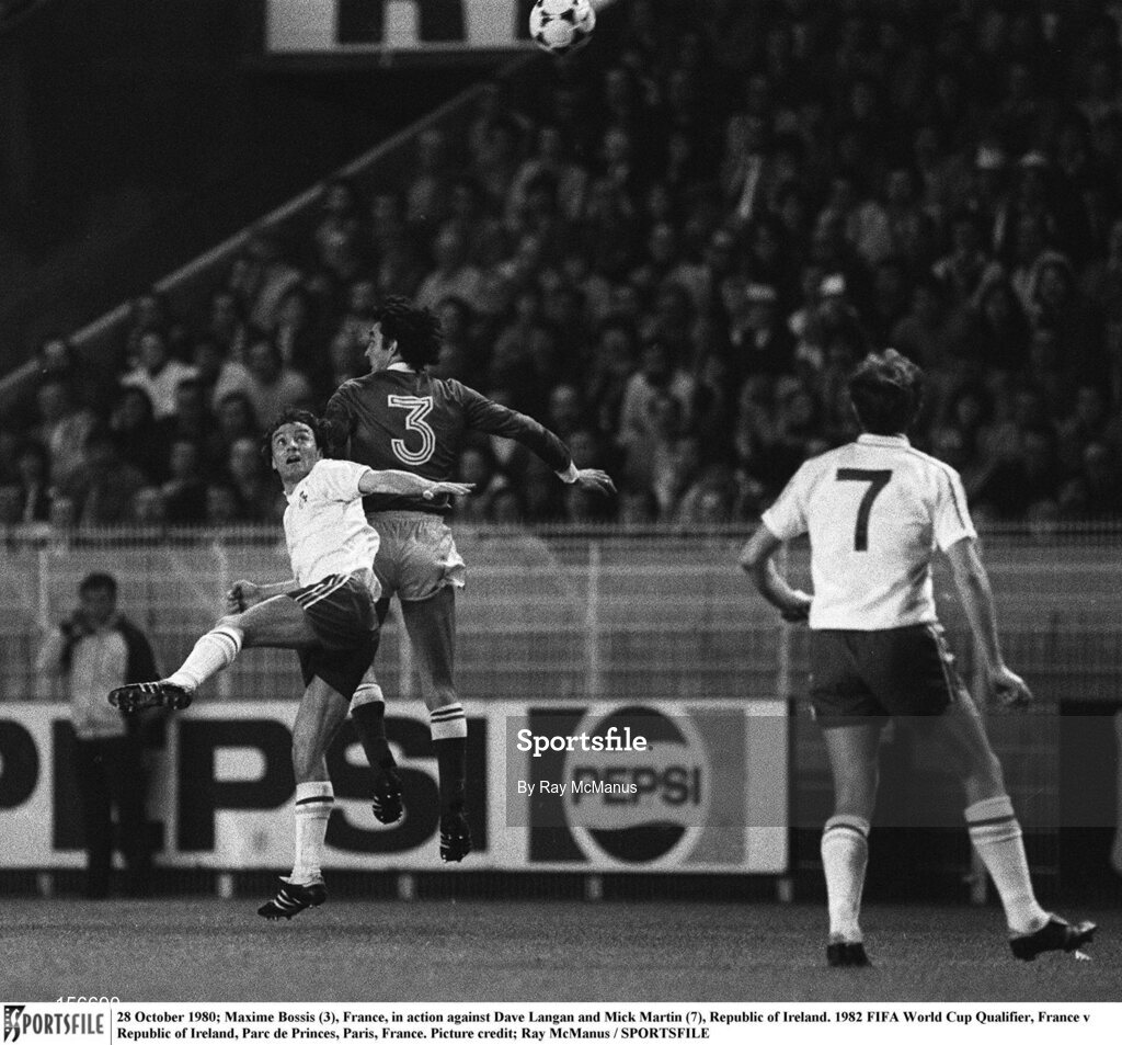 28 October 1980; Maxime Bossis (3), France, in action against Dave Langan and Mick Martin (7), Republic of Ireland. 1982 FIFA World Cup Qualifier, France v Republic of Ireland, Parc de Princes, Paris, France. Picture credit; Ray McManus / SPORTSFILE