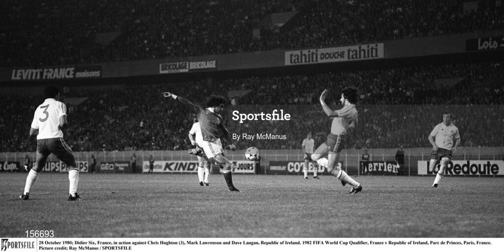 28 October 1980; Didier Six, France, in action against Chris Hughton (3), Mark Lawrenson and Dave Langan, Republic of Ireland. 1982 FIFA World Cup Qualifier, France v Republic of Ireland, Parc de Princes, Paris, France. Picture credit; Ray McManus / SPORTSFILE